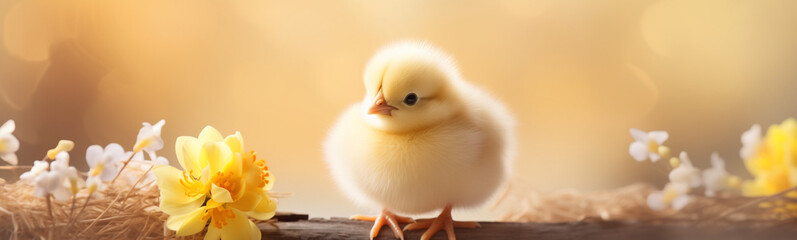 baby chick in the flowers, easter egg hunt, easter holiday, isolated with copy space, easter background