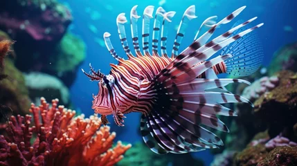 Photo sur Plexiglas Zanzibar Predator lionfish in the sea, underwater photo. Tropical reef and venomous red fish. Snorkeling on the coral reef with colorful marine wildlife. Aquatic animal, corals and sea.