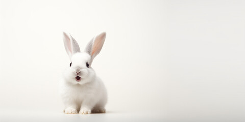Fototapeta premium Cute Easter Bunny Pet Rabbit With Copy Space For Easter Background, Isolated White Bunny Background, Pastel Colors, Easter Celebration