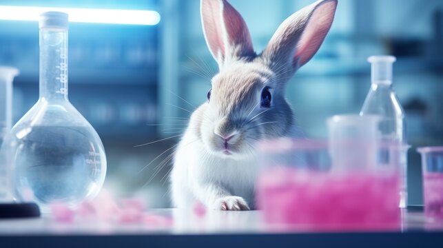 Cosmetics test on rabbit animal, Scientist or pharmacist do research chemical ingredients test on animal in laboratory, Cruelty free and stop animal abuse concept.