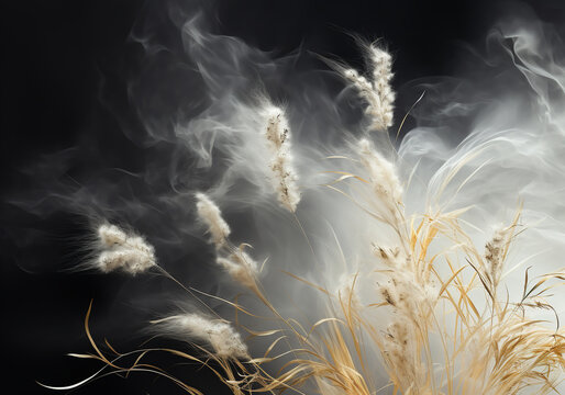 Abstract and diffuse image with dry wild plants or cobs and smoke around. AI generated