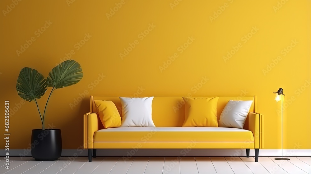 Poster Wall mock up in warm tones with yellow sofa and decoration minimal.3d rendering