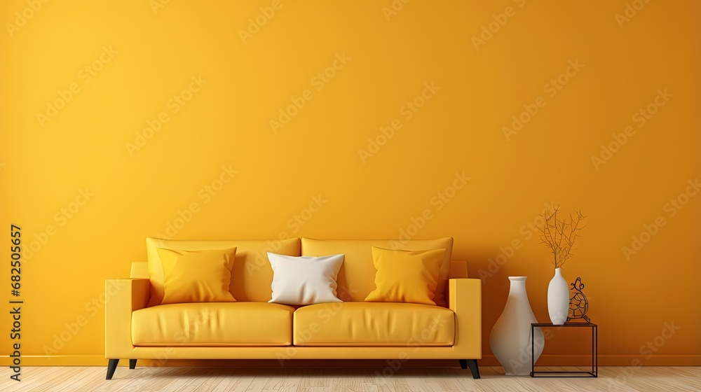 Aufkleber Wall mock up in warm tones with yellow sofa and decoration minimal.3d rendering