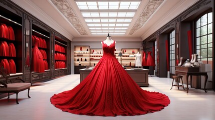 Realistic 3D render elegance couture dressmaking shop with luxury velvet red evening gown, white lace dress, premium satin cloths. Free-standing fitting room with curtain. Designer, Business, Interior - obrazy, fototapety, plakaty