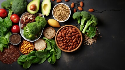 Vegan diet food. Selection of rich fiber sources vegan food. Foods high in plant based protein, vitamins, minerals, anthocyanins, antioxidants. Image with copy space - obrazy, fototapety, plakaty