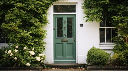  a green door in front of a white house surrounded by trees and shrubbery with white flowers on either side of the door and a green door with a window. - obrazy, fototapety, plakaty