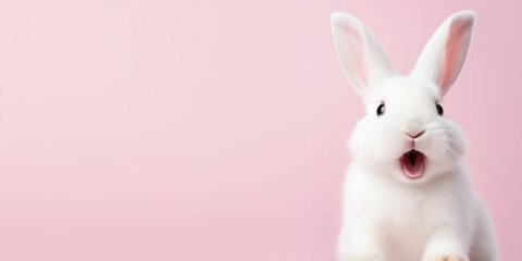 Cute Easter Bunny Pet Rabbit With Copy Space For Easter Background, Isolated White Bunny Background, Pastel Colors, Easter Celebration