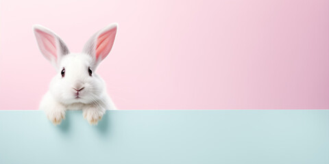 Cute Easter Bunny Pet Rabbit With Copy Space For Easter Background, Isolated White Bunny Background, Pastel Colors, Easter Celebration