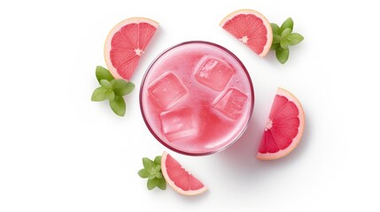 Pink cocktail with vodka, grapefruit and ice, soft cocktail, refreshing summer drink, isolated on white, top view