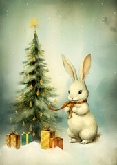 Retro postcard style of little bunny with red ribbon, sitting near decorated Christmas tree with gifts