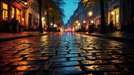 an image of city lights casting reflections on a cobblestone street during a festival
