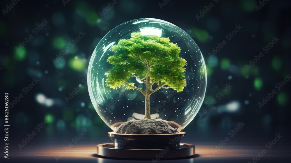 Poster tree growing on crystal globe. digital convergence and and technology convergence. blue light, binar