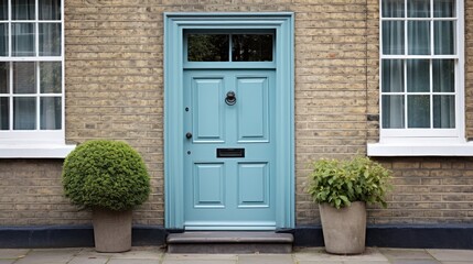  a blue door in front of a brick building with two potted plants on either side of the door and one planter on the other side of the door.