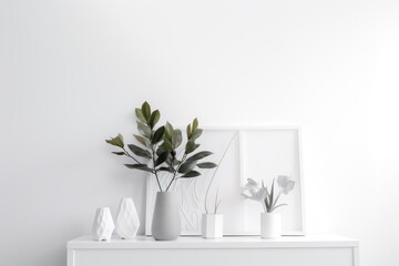 White modern interior, minimalist decor and plants. Generative AI