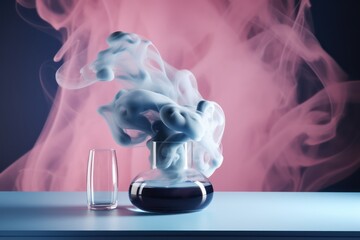Colorful smoke over glass and flask, chemical abstract background. Generative AI