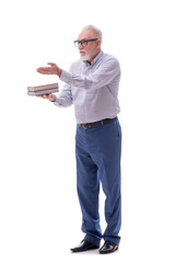 Old boss holding books isolated on white