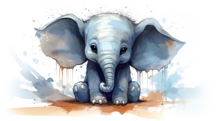  a watercolor painting of an elephant's head and tusks, with paint splatters all over it, on a white background with brown spots.