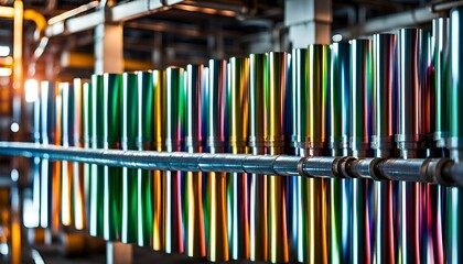 Obraz premium Close-ups of colorful reflective industrially manufactured metal parts stored next to each other after production - Illustration