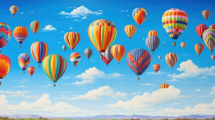  a painting of a bunch of hot air balloons flying in the sky with a blue sky in the back ground and a few clouds in the sky above the ground.