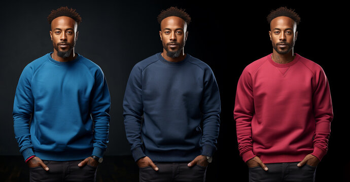 mockup of a solid dark blue sweatshirt on a man standing against a dark background. Available in three different colors of the sweatshirt, blue, royal blue and burgundy