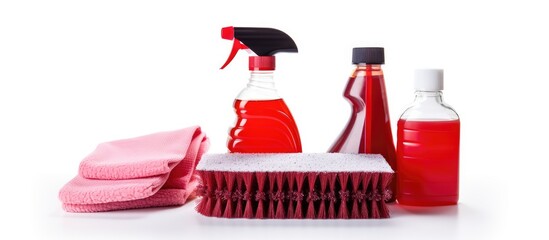 In the isolated white background, a home worker holds a red brush and a plastic bottle, its tool of choice for applying color using liquid dye. Nearby, a sponge soaked in chemical detergent diligently