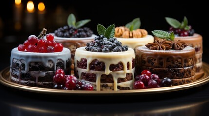  a close up of a cake on a plate with berries on the top of the cake and nuts on the bottom of the cake and on the bottom of the cake.