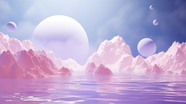  a computer generated image of a group of planets floating in the sky over a body of water with icebergs in the foreground and mountains in the background.