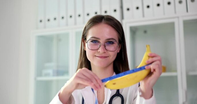 Doctor woman urologist holds a banana and measuring tape in hands. Erectile dysfunction and weak erection