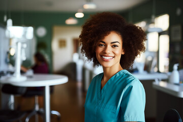 Smiling women dentist at work. Women dentist in her office. Black man. African American. Work. AI. - obrazy, fototapety, plakaty