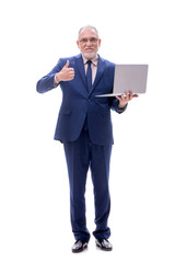 Old businessman with computer isolated on white