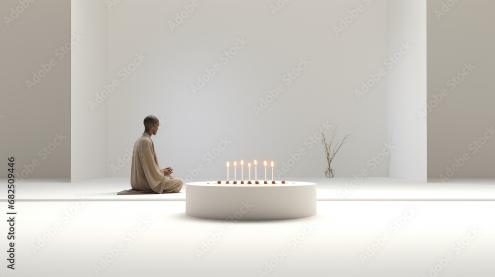 Poster a person sitting on the floor in front of a cake with lit candles in the shape of a man sitting in f
