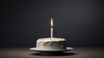  a white cake sitting on top of a plate with a candle sticking out of the top of it on top of a black table next to a white plate with a black background.