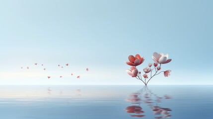  a group of pink flowers floating on top of a body of water with a flock of birds flying over the top of the water on a blue sky background of the water.