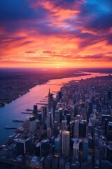 Aerial view of a city skyline taken from a plane window