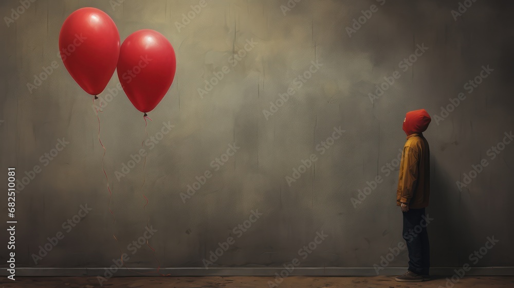 Poster a painting of a person standing in front of a wall with two red balloons attached to the side of the