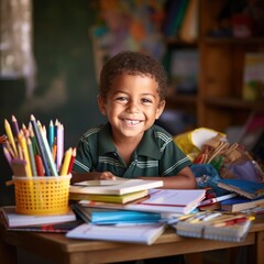 A young child holding a book and smiling, surrounded by school supplies like pencils and notebooks