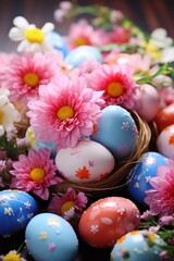 Obraz na płótnie Canvas A beautiful background with colorful Easter eggs and blooming spring flowers,