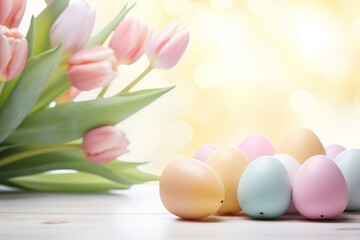 Fototapeta premium An elegant background featuring pastel-colored Easter eggs and beautiful tulips,