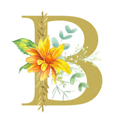 Floral Alphabet - Letter B. The alphabet letters are a muted gold color, decorated with watercolor flowers of sunflower, eucalyptus and various herbs. Wedding, birthday, children's party