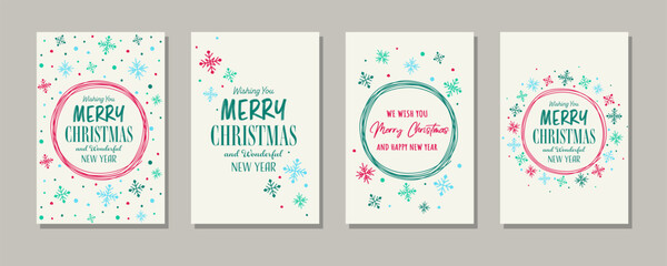 Fototapeta na wymiar Hand drawn Christmas greeting card set with snowflakes. Vector illustration