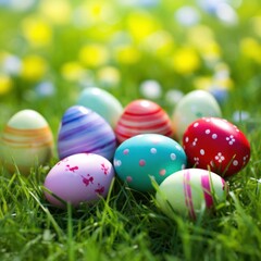 A vibrant green grass background with colorful Easter eggs scattered throughout