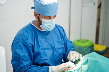 Surgeon performing a surgical intervention in a sterile environment. Concept: hospital, doctor, surgery