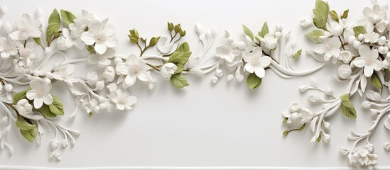 In an exquisite display of artistry, an old wall adorned with a white frame showcases a delicate flower design, isolated in a white background. The lush green leaves and exquisite white blossoms - obrazy, fototapety, plakaty