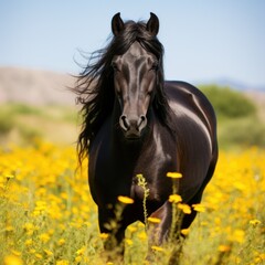 A striking black horse with glossy coat and piercing eyes, standing in a field of wildflowers