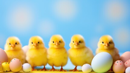 Fototapeta premium A playful background with bright yellow Easter chicks and colorful eggs,