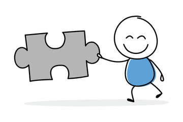 Hand drawn piece of puzzle symbol. Funny concept with a stickman holding icon. Cartoon style design. Vector illustration