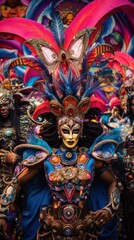Obraz premium group of carnival-goers dressed in elaborate costumes, set against a lively carnival backdrop