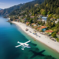 An aerial view of a beach resort town with a small airplane flying over the shoreline