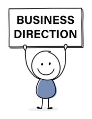 Smiley cartoon businessman with text on a board - business direction. Vector