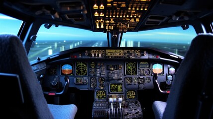cockpit of an airplane, showing the instruments and controls up close